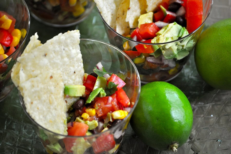 Best Side Dishes for a BBQ Black Bean Salsa with Avocado Recipe in Small Plastic Single Serve Cups with Tortilla Chips and Limes