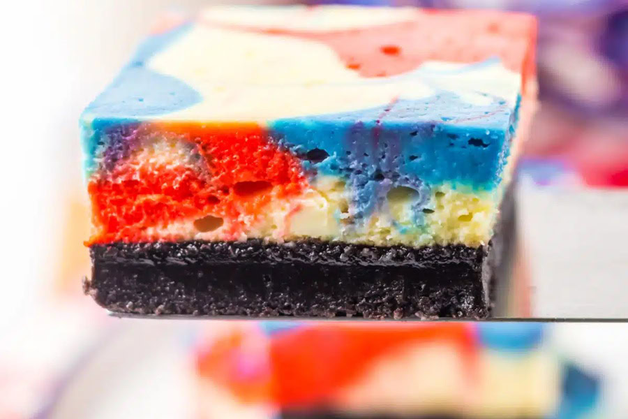 Red White and Blue Desserts Close Up of a Red White Blue Cheesecake Bar