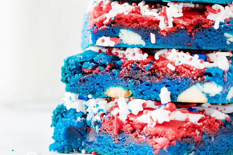 Red White and Blue Desserts Red, White & Blue Dessert Bars Stacked on One Another