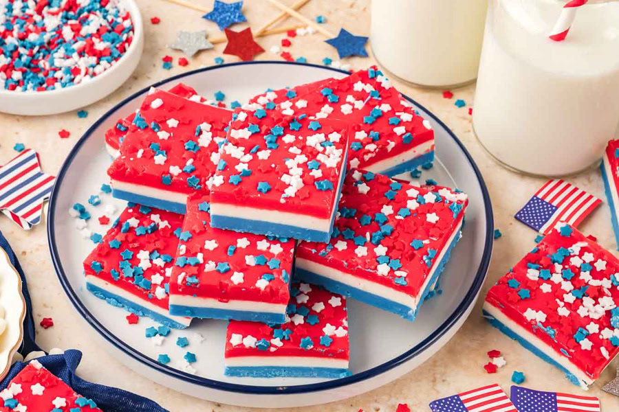 Red White and Blue Desserts Red White and Blue Layered Fudge on a Plate