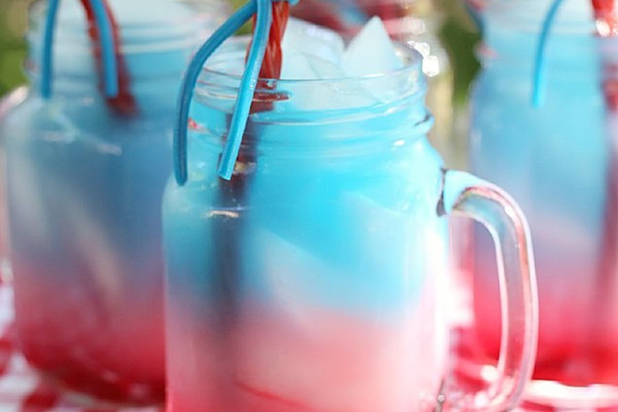 Red White and Blue Drinks Kid-Friendly Patriotic Punch in Mason Jars with Twizzler Straws