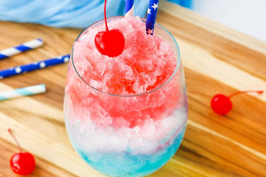 Red White and Blue Drinks Red, White, and Blue Slushies Topped with a Cherry