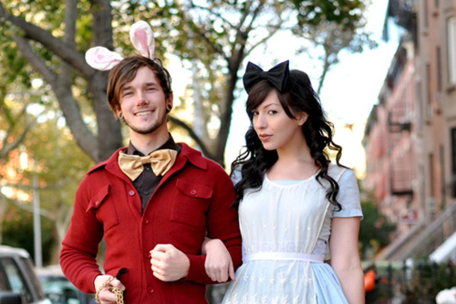 DIY Couple Halloween Costume Ideas a Man Dressed Nicely with Rabbit Ears on and a Woman Dressed as Alice from Alice in Wonderland