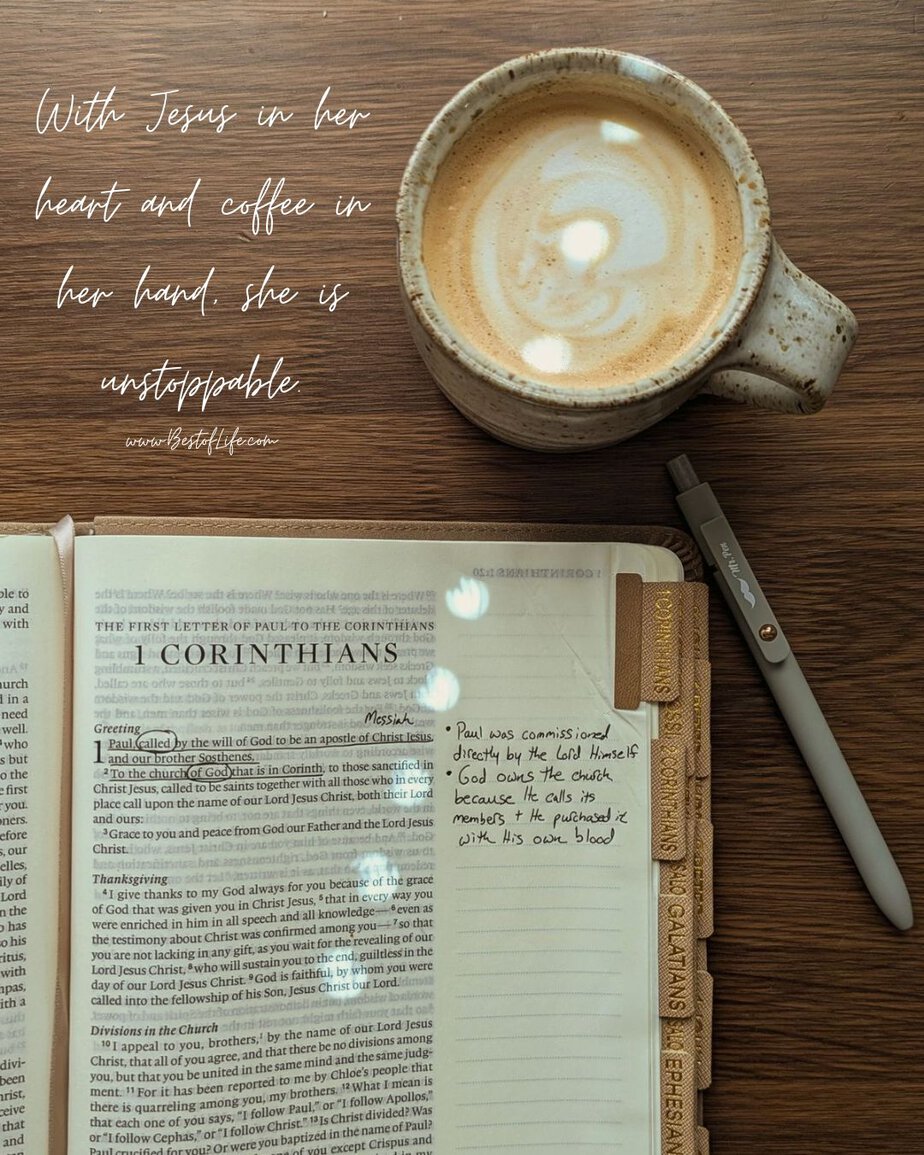 Jesus and Coffee Quotes With Jesus in her heart and coffee in her hand, she is unstoppable.