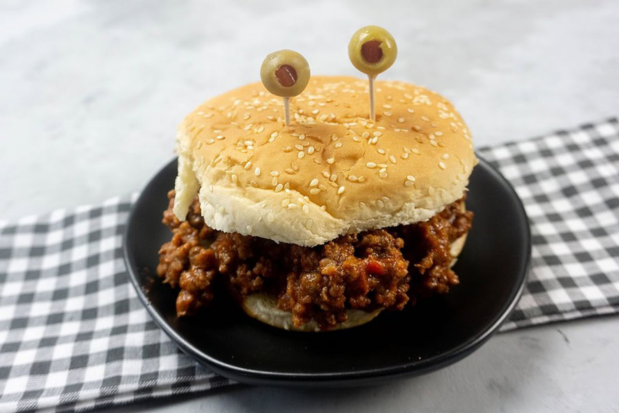 Halloween Party Food Ideas for Kids a Single Monster Sloppy Joe on a Black Plate