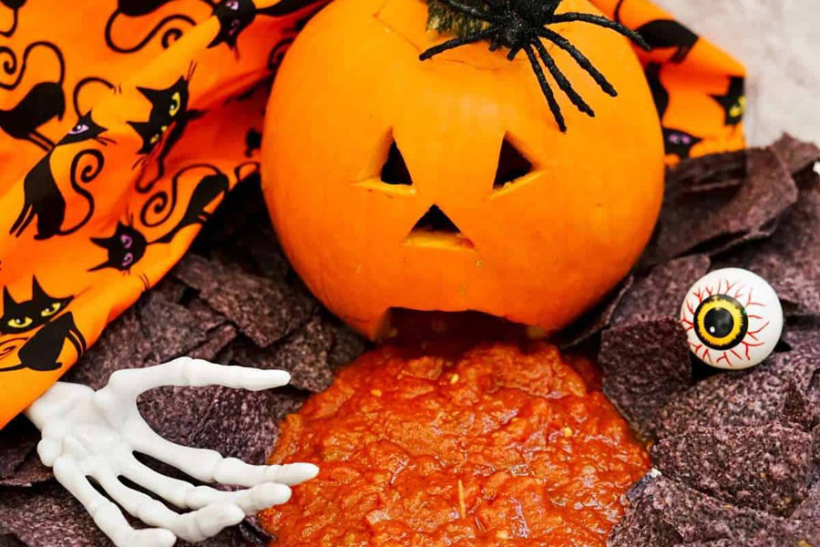 Halloween Party Food Ideas for Kids Puking Pumpkin Halloween Chips and Salsa Platter 