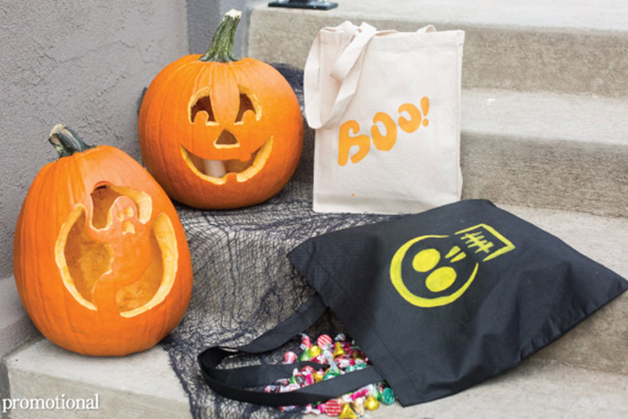 Pumpkin Carving Ideas for Halloween Two Carved Pumpkins on Cement Steps Outside a Home with Two Trick or Treat Bags Sitting on the Steps